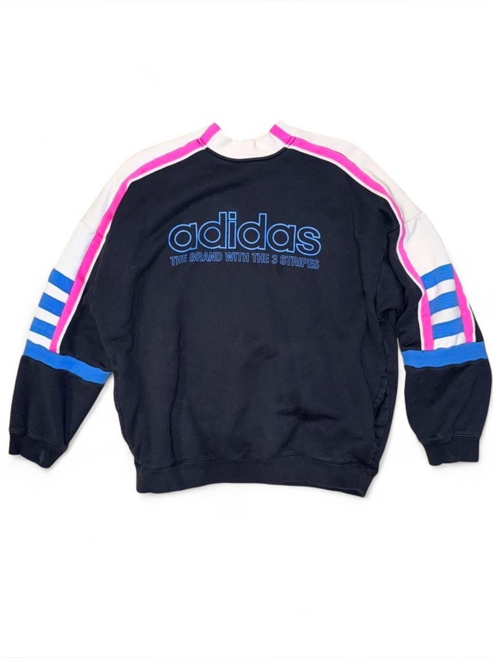 Adidas Black Mock-Neck Moto Sweatshirt with Blue and Pink Color-block Striping